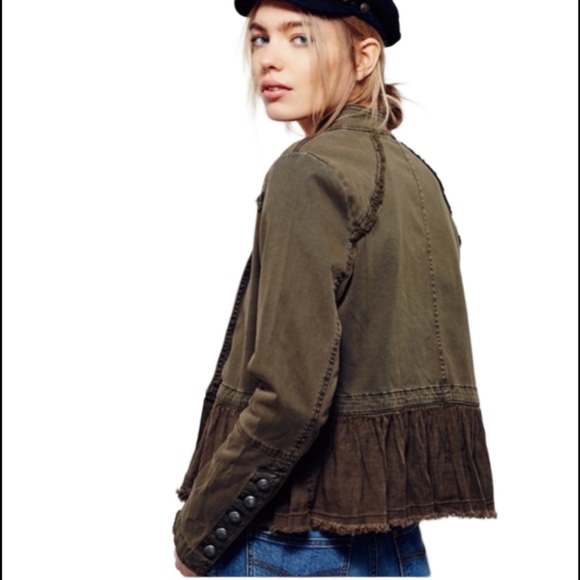 FREE PEOPLE OLIVE RUFFLE-TRIM PEPLUM MILITARY JACKET Sz S - Picture 2 of 12